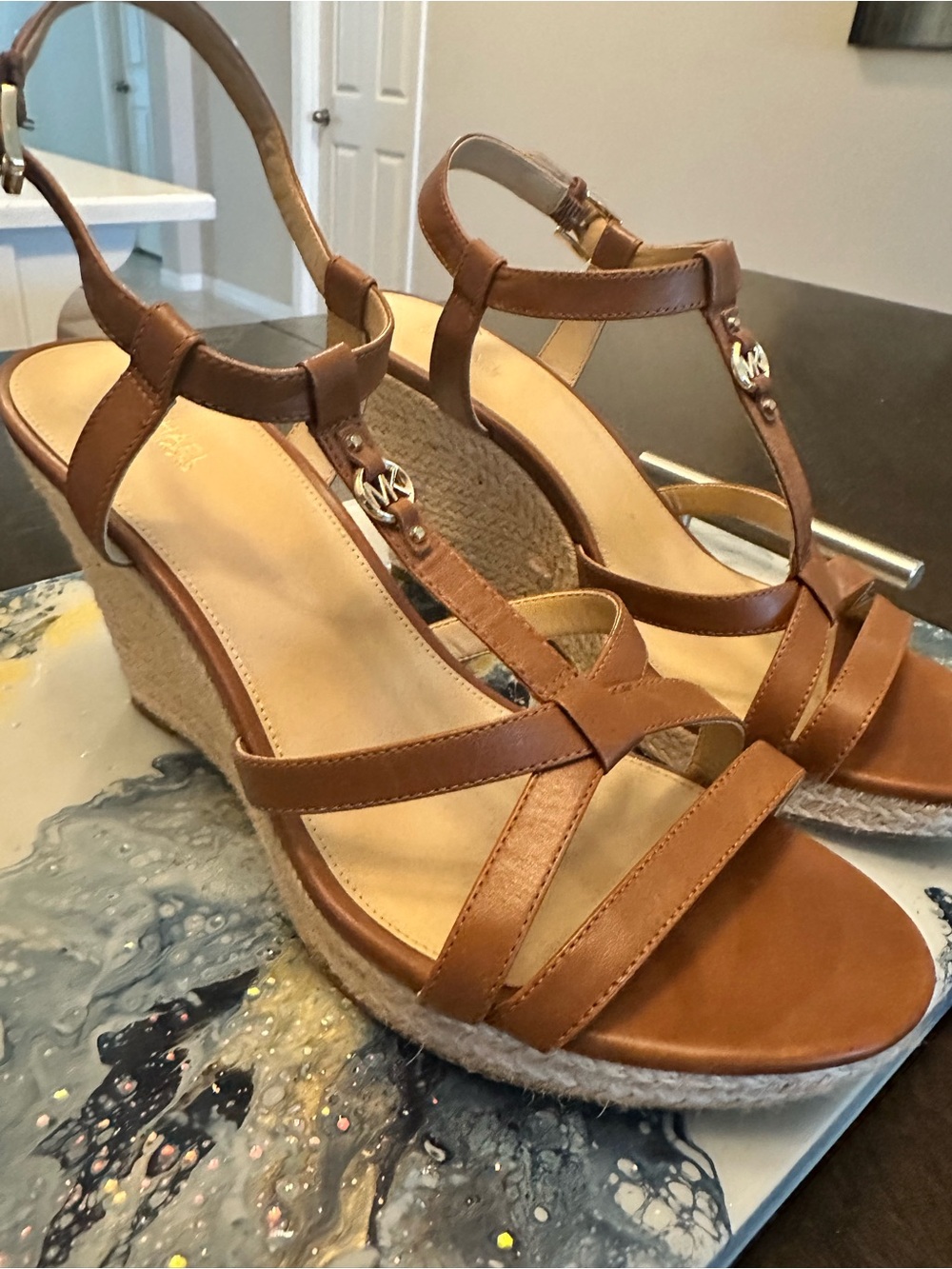 Michael Kors Brown Leather T-Strap Espadrille Wedge Sandals